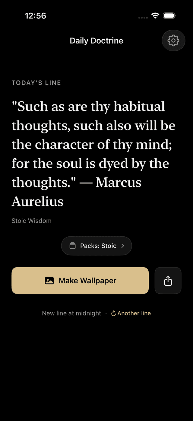 Daily Doctrine app showing a Stoic philosophy quote on the home screen
