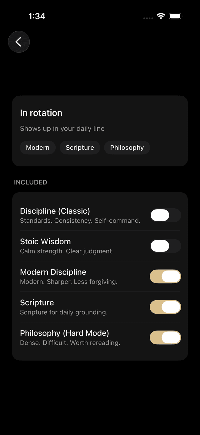 Quote pack library featuring Discipline, Stoic Wisdom, Scripture, and more